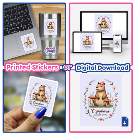 Capybara Country Living Sticker or Clipart showcases a cute capybara in nature, perfect for stickers or digital artwork, available with commercial rights.