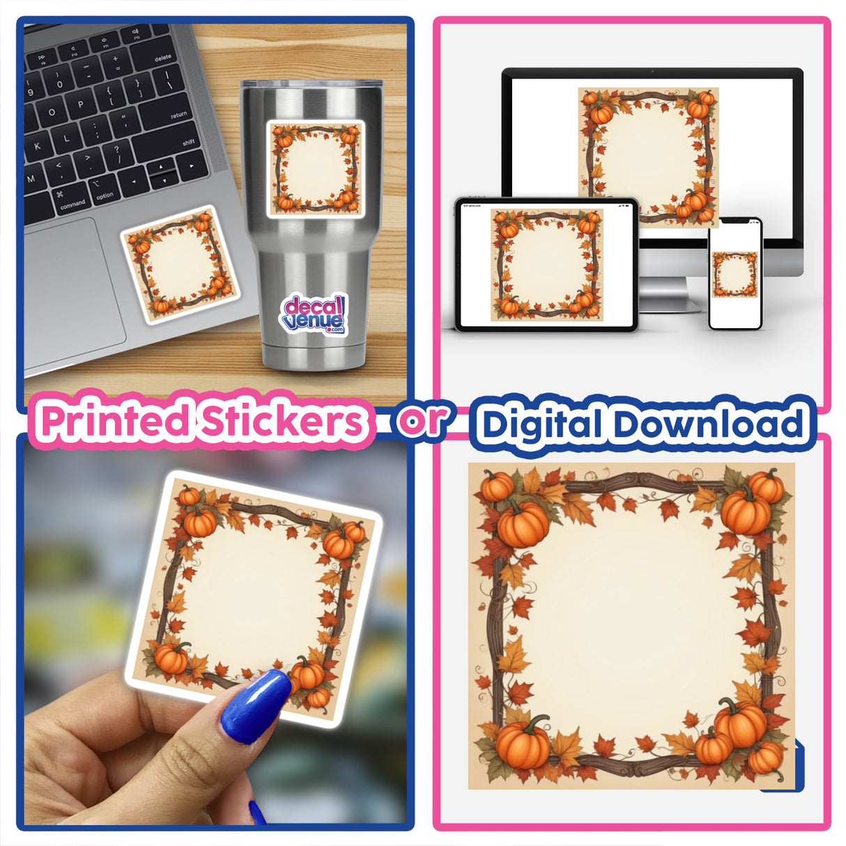 Collage featuring Autumn Aesthetic Frame Clipart – Fall Pumpkin and Leaf Design for Social Media and Print with Commercial Rights, showcasing pumpkins and leaves in a square frame, ideal for digital artwork.