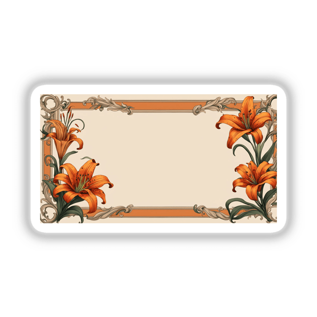 Aesthetic Floral Clipart Label featuring a rectangular frame with detailed orange flowers, perfect for adding quotes. Available as stickers or digital artwork, ideal for commercial use.