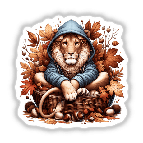 Autumn Lion in Cozy Sweater: A lion wearing a hoodie, comfortably nestled in a basket with leaves, available as unique stickers or digital artwork.