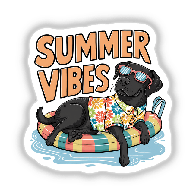Fun summer artwork featuring a black Labrador retriever relaxing on a colorful inner tube, wearing sunglasses and a tropical-print shirt, conveying a carefree summer vibe.