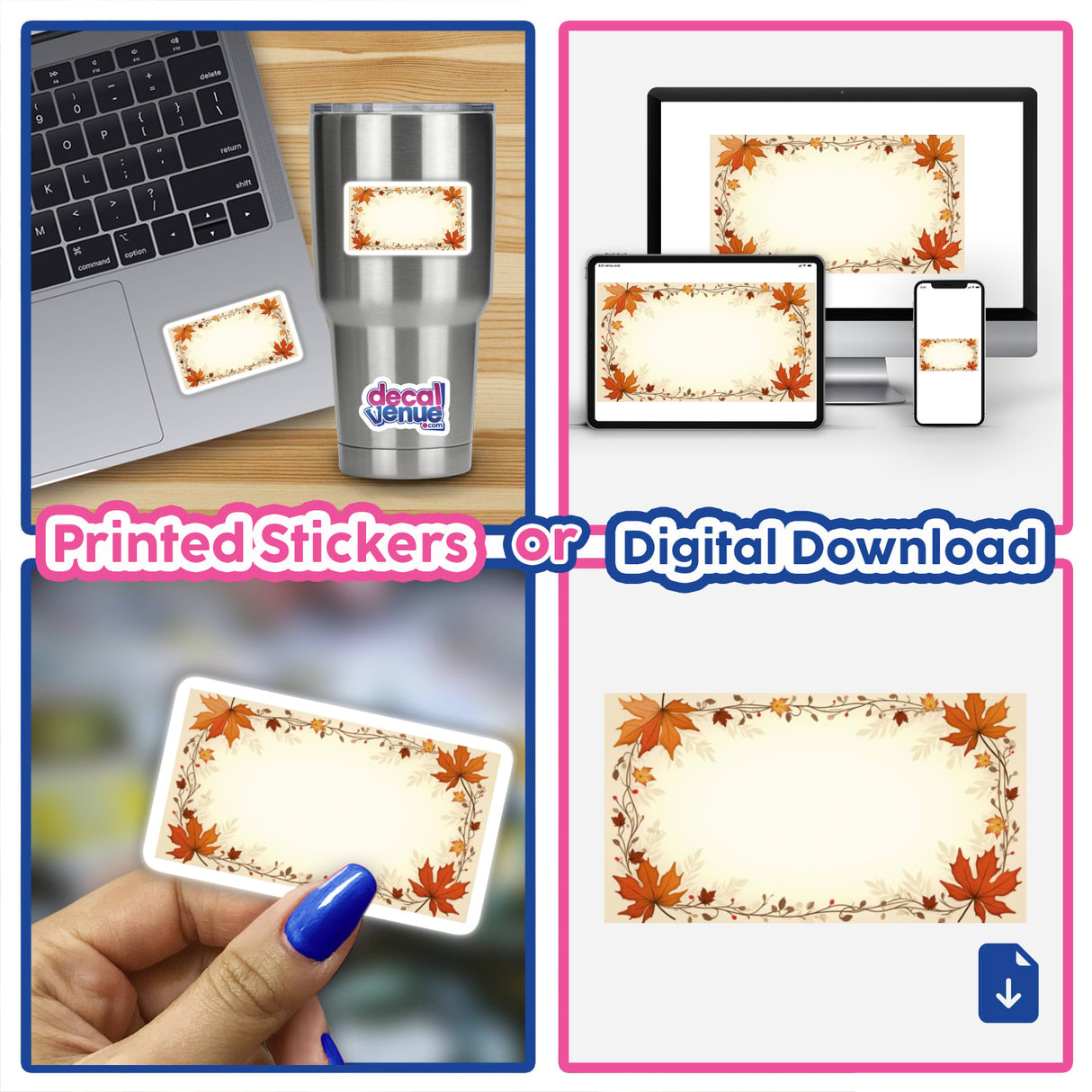 Aesthetic Fall Label Clipart | Blank Space for Quotes | Download with Commercial Rights - a collage featuring various stickers, including a laptop with a sticker and a rectangular frame with leaves and berries.