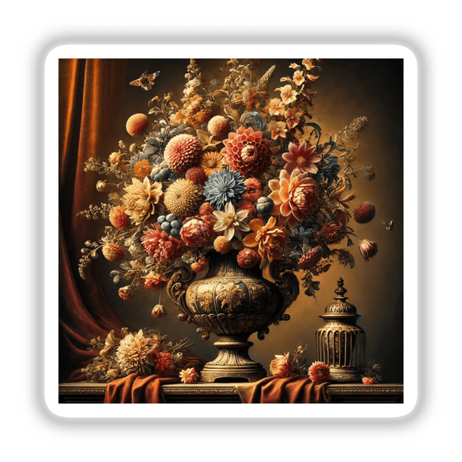 Floral Baroque - Ornate Still Life with Surreal Blooms: A painting of flowers in a vase, available as stickers or digital artwork from Decal Venue.