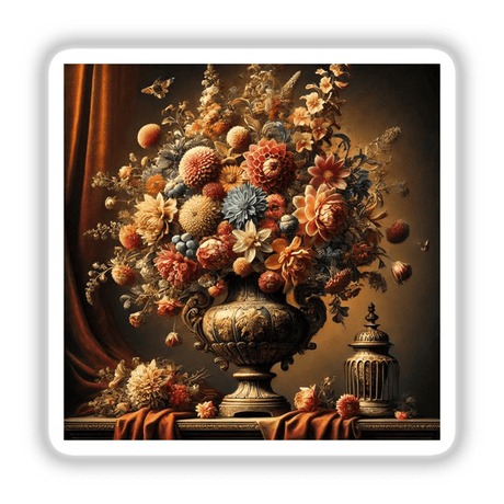 Floral Baroque - Ornate Still Life with Surreal Blooms: A painting of flowers in a vase, available as stickers or digital artwork from Decal Venue.