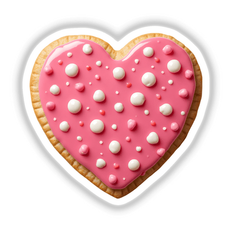 Heart-Shaped Cookie with Pink Frosting and White Polka Dots, available as stickers or digital artwork.
