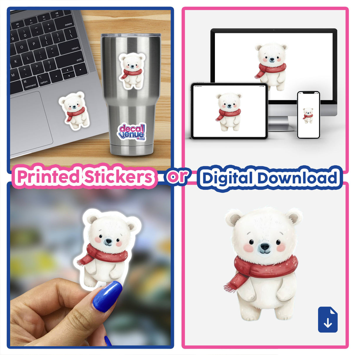 Festive Polar Bear Envelope Seal Stickers—adorable holiday stationery seals featuring cartoon polar bears in red scarves, suitable for decorating laptops, cups, and more. Available as stickers or digital artwork.