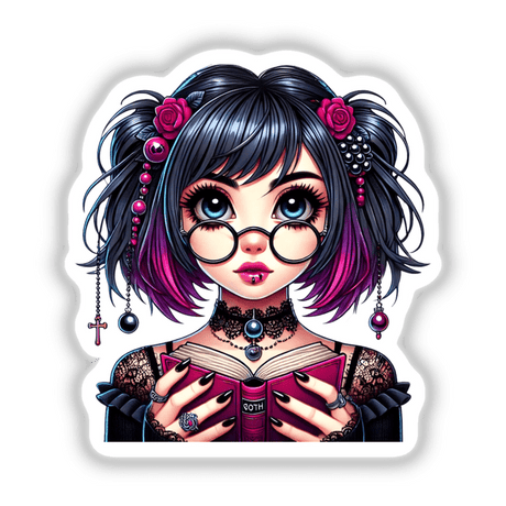 Gothic girl in reading glasses holding an open book, surrounded by decorative elements like flowers and jewelry.