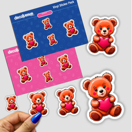Cute Valentine's Day Teddy Bear stickers featuring a cartoon bear holding a heart, available as unique stickers or digital artwork from Decal Venue.