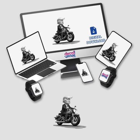 President Donald Trump on a motorcycle cartoon displayed on a computer screen and laptop, available as stickers or digital artwork from Decal Venue.