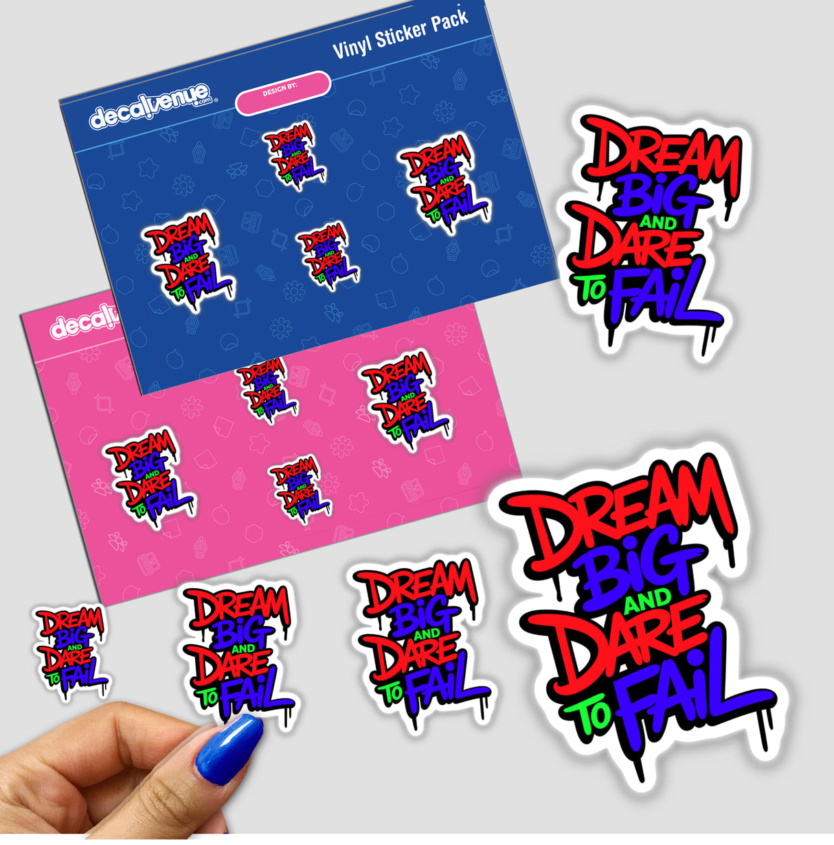 Dream Big And Dare To Fail motivational quote displayed on vibrant, colorful stickers, ideal for personalizing surfaces or as digital artwork, capturing an inspiring message with bold graphic design elements.