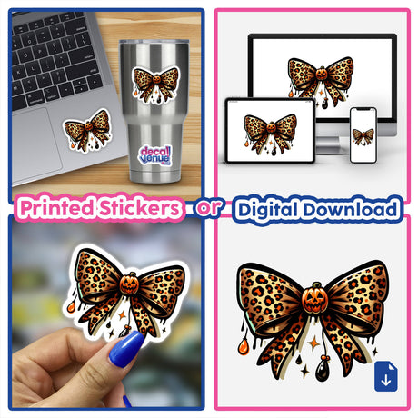 Collage featuring Leopard Coquette Halloween Pumpkin Bow stickers and digital artwork, including close-ups of the bow on a laptop, phone, and hand-drawn designs.