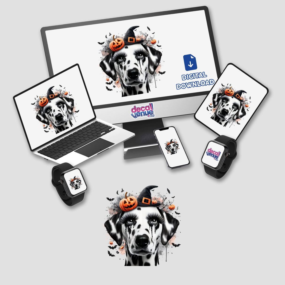 Spooky Halloween Dalmatian Dog artwork featuring a dog wearing a hat with a pumpkin on its head, displayed on various devices including a laptop and phone. Available as stickers or digital art.