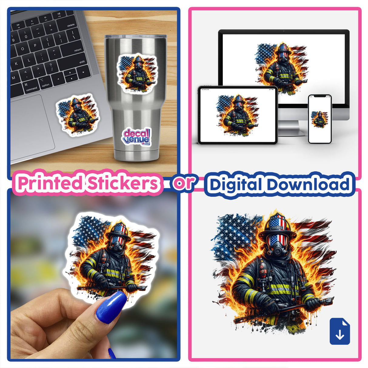 Collage of American Flames Firefighter stickers and digital artwork, featuring firemen, flags, and firefighting gear.