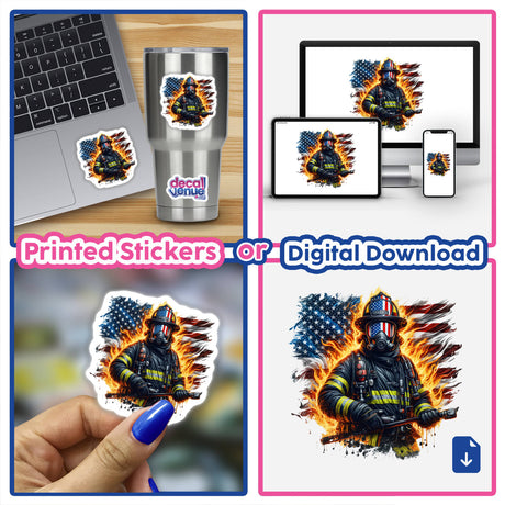 Collage of American Flames Firefighter stickers and digital artwork, featuring firemen, flags, and firefighting gear.