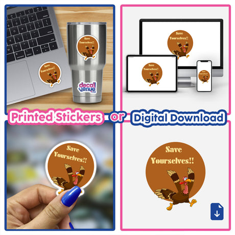 Save yourselves! Turkey escape-themed sticker collage featuring cartoon turkeys in humorous scenarios, including a turkey on a laptop keyboard and digital artwork options.