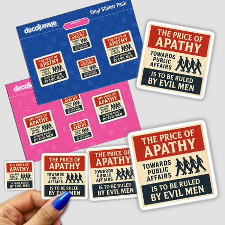 Price of Apathy Plato Quote Sticker features vintage design with red banner, silhouetted marchers, and civic warning, available in multiple sizes as durable, water-resistant vinyl stickers or digital art.
