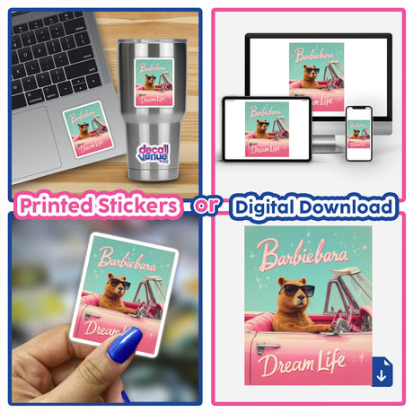 Barbiebara Dream Life Sticker or Clipart featuring a cute capybara in a Barbie-themed parody design. Available as unique vinyl stickers or digital artwork with commercial rights.