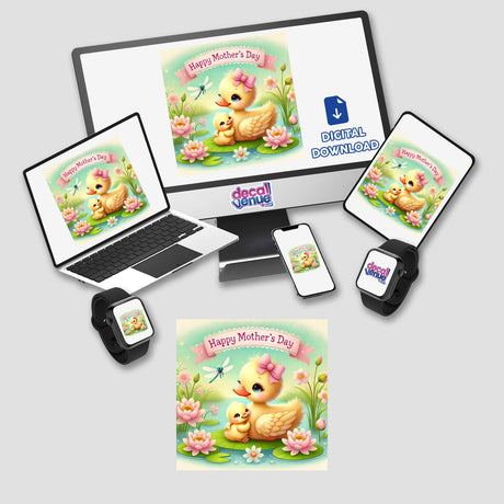 Happy Mother's Day Ducklings and Flowers with Pond depicted on a computer monitor and laptop, showcasing digital artwork available as stickers from Decal Venue, featuring ducks and lily pads.