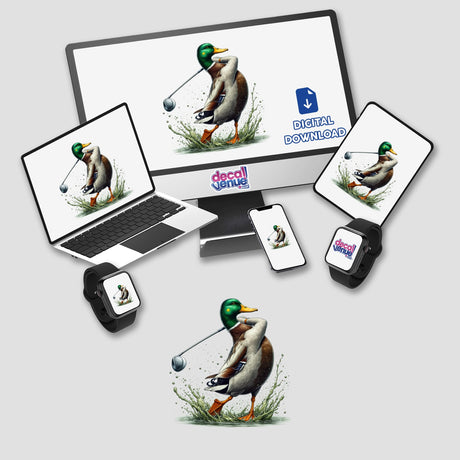Mallard Duck Golfer Splash digital artwork displayed on a computer monitor and laptop, featuring a cartoon duck holding a golf club. Available as stickers or digital artwork.
