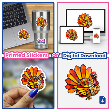 Turkey Stained Glass Style sticker displayed on a laptop and a stainless steel cup, showcasing intricate turkey designs. Available as stickers or digital artwork from Decal Venue.