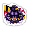 Muscular Purple Raven Bird Holding Football, illustrated in a cartoon style. Available as stickers or digital artwork from Decal Venue.