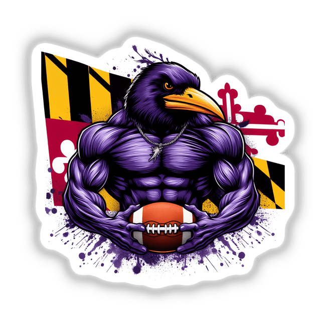 Muscular Purple Raven Bird Holding Football, illustrated in a cartoon style. Available as stickers or digital artwork from Decal Venue.