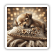 Puppy Sleeping on Floral Pillow: A close-up of a peacefully sleeping puppy curled up on a floral-patterned pillow, available as stickers or digital artwork.