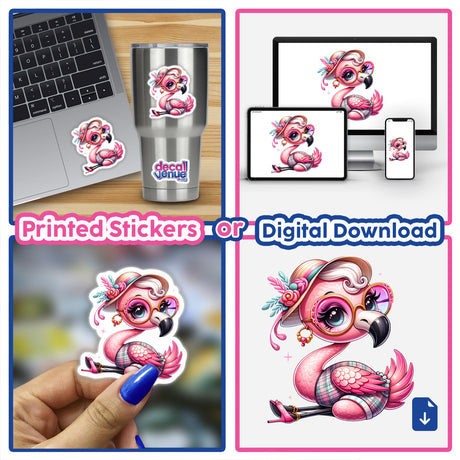 Trendy Flamingo stickers and digital artwork featuring various cartoon flamingos, some wearing hats and sunglasses, shown on laptops, cups, and other surfaces.