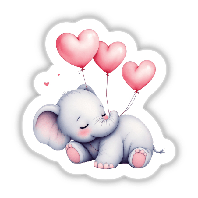 Sleepy Elephant on a Heart with Balloons sticker, featuring a cartoon elephant holding pink heart-shaped balloons, capturing whimsy and charm for versatile decorative use on various surfaces.