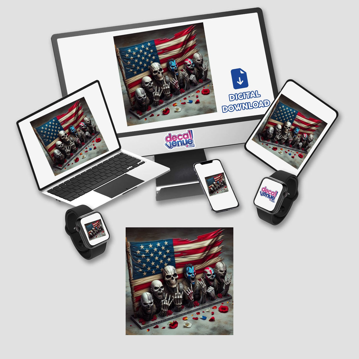 Digital artwork depicting armed skeletons in front of an American flag, available for download from Decal Venue