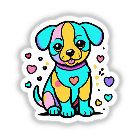 Multicolored dog with hearts