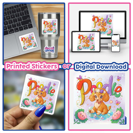 Colorful digital artwork of a poodle dog surrounded by flowers, displayed on various digital devices and merchandise. The product is a digital download or printed stickers available from the Decal Venue store, which offers unique stickers and digital art created by talented designers.