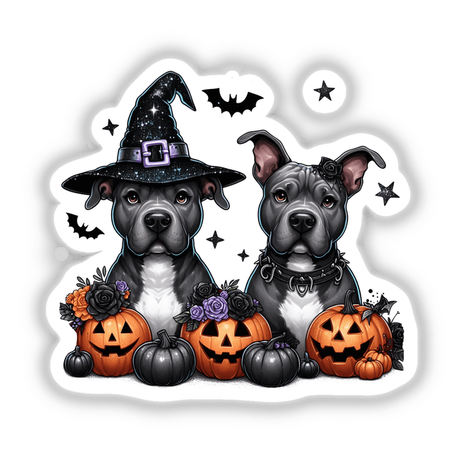 Two Halloween Pitbull Pumpkin Dogs wearing hats, surrounded by pumpkins and bats. Available as stickers or digital artwork.