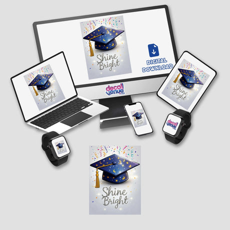 Celestial Graduation Cap art features Shine Bright text and confetti, available as stickers or digital artwork, embodying inspirational graduation themes from Decal Venue's unique collection.
