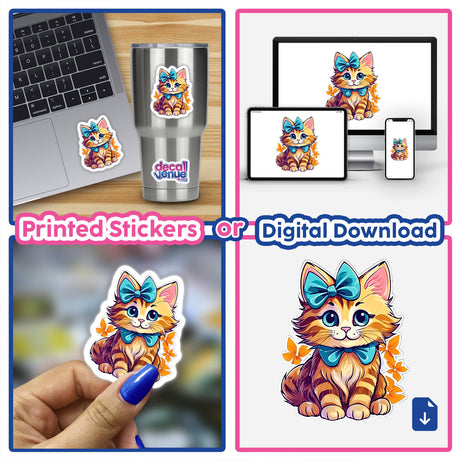 Collage featuring Kitten stickers: cartoon cat with bow on a cup, laptop, and close-up views, available as stickers or digital artwork.