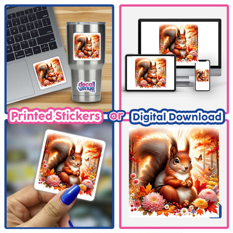 Squirrel in an Autumn Forest Watercolor Illustration featuring squirrels among flowers and leaves, shown as stickers and digital artwork, ideal for laptops or as unique decor from Decal Venue.