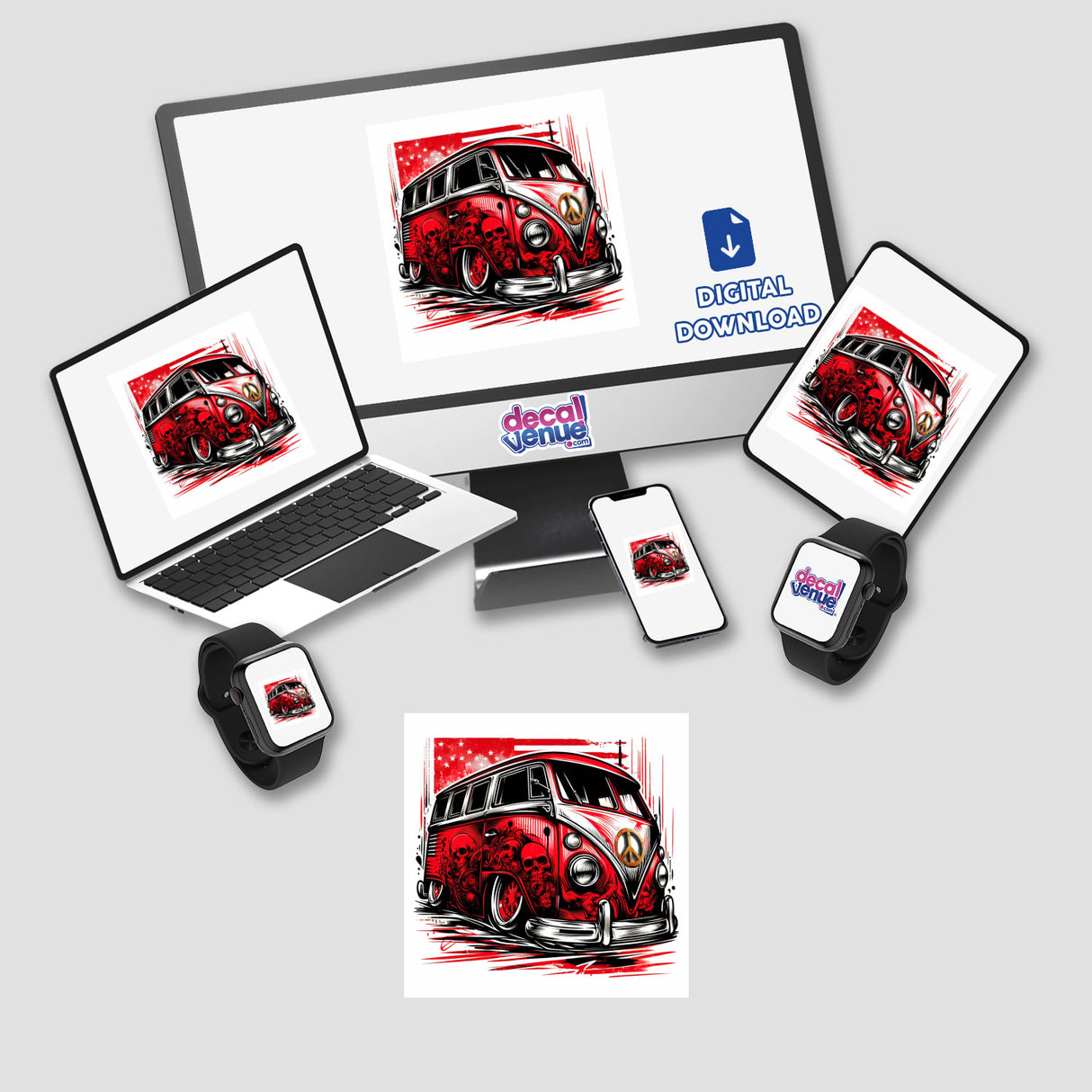Vibrant red Volkswagen bus digital artwork displayed across multiple digital devices and products.