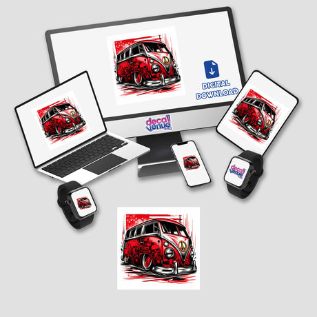Vibrant red Volkswagen bus digital artwork displayed across multiple digital devices and products.