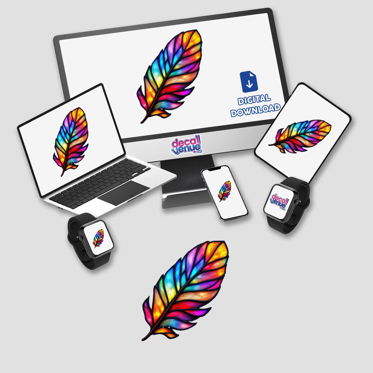 Feather Stained Glass Style artwork displayed on a computer monitor, laptop, tablet, and phone screen, available as stickers or digital art from Decal Venue.