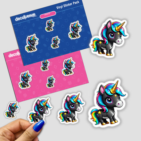 Cute And Magical Pony Unicorn stickers featuring charming cartoon unicorns with rainbow hair and horns, available as stickers or digital artwork, perfect for adding whimsy to any surface.