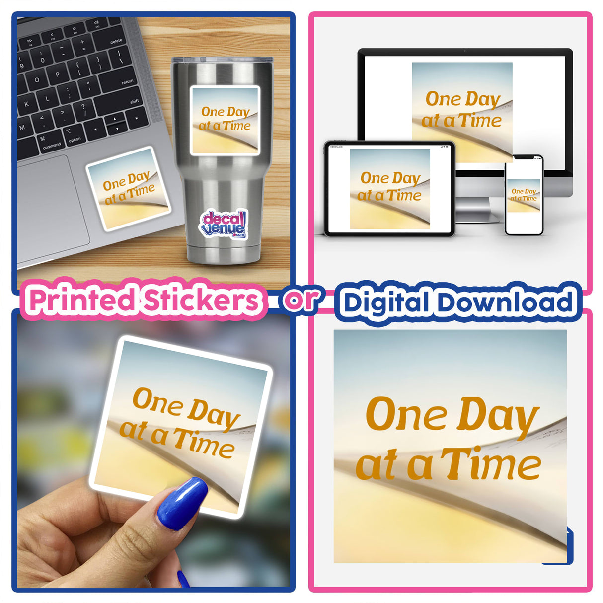 One Day at a Time Sticker - Positive Mental Health Clipart Download displayed on a laptop keyboard, emphasizing its use for computers or digital artwork.
