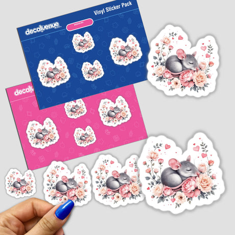 Sleeping Mouse with Roses and Hearts sticker, featuring a cute mouse surrounded by delicate roses and whimsical hearts, embodying charm and warmth perfect for personalizing spaces.