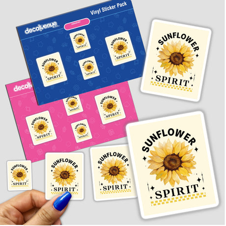 Sunflower Spirit Sticker or Clipart with Commercial Rights; a hand holds a sticker pack featuring sunflower designs, aligning with Decal Venue's unique vinyl stickers and digital art offerings.
