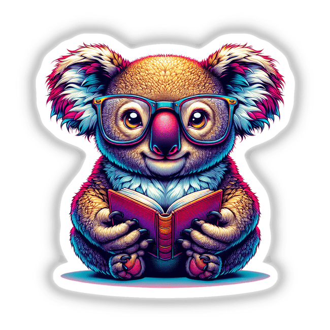 Koala With Reading Glasses Open Book illustration, available as stickers or digital artwork. The cartoon features a koala intently reading, embodying charm and whimsy, perfect for unique decor.