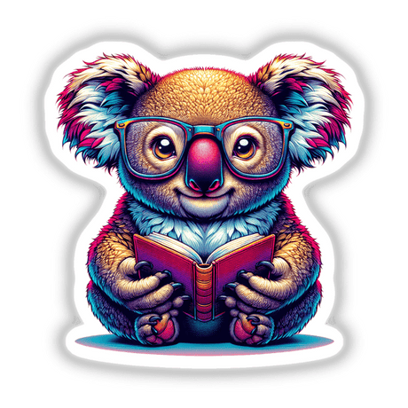 Koala With Reading Glasses Open Book illustration, available as stickers or digital artwork. The cartoon features a koala intently reading, embodying charm and whimsy, perfect for unique decor.