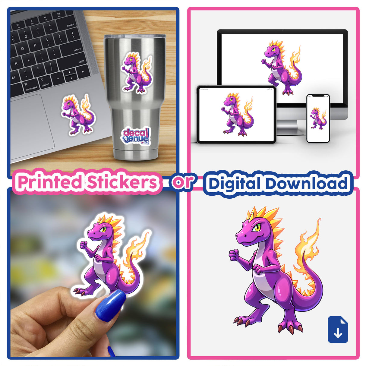 Dino Fighter - Blaze Tyranno depicted as a purple dragon in various cartoon styles, available as stickers or digital artwork, showcasing its fierce, dynamic presence across multiple items.
