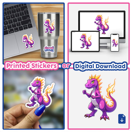 Dino Fighter - Blaze Tyranno depicted as a purple dragon in various cartoon styles, available as stickers or digital artwork, showcasing its fierce, dynamic presence across multiple items.