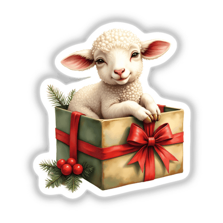 Lamb in Christmas Present Box: A cartoon lamb nestled inside a gift box, part of Decal Venue's unique stickers and digital art collection, ideal for festive decoration or digital use.