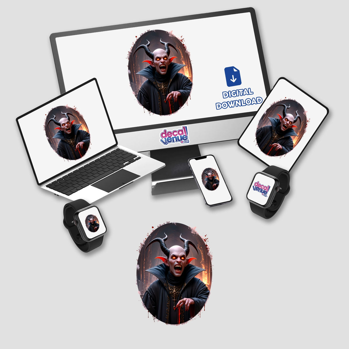 a laptop, phone, and other electronic devices all have stickers on them