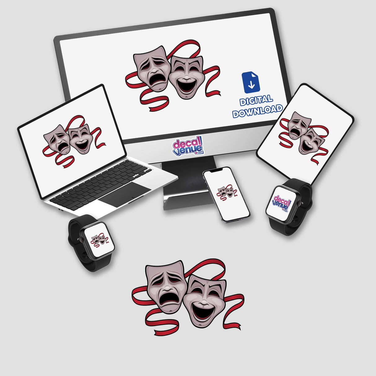 Comedy And Tragedy Theater Masks depicted on a computer monitor and laptop screens, available as stickers from Decal Venue, emphasizing unique digital art and design.
